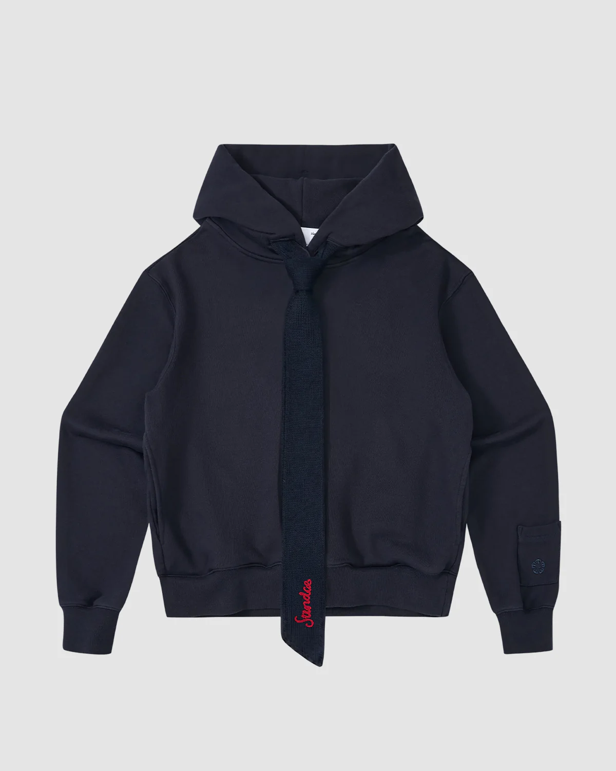 NAVY KNIT TIE HOODIE
